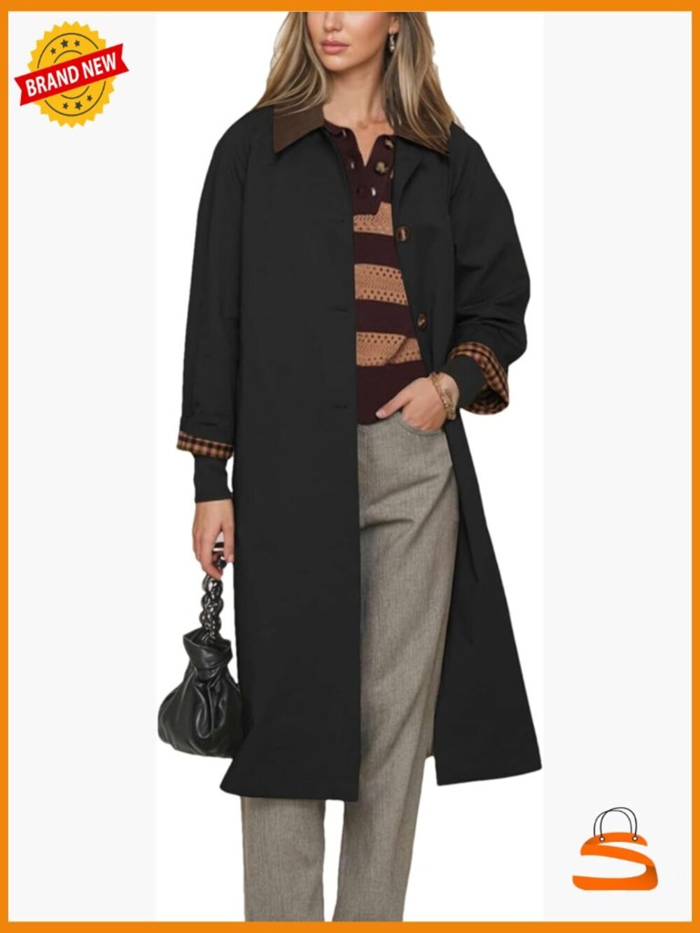 Color Contrast Linen Trench Coat Single Breasted Windproof Overcoat Classic